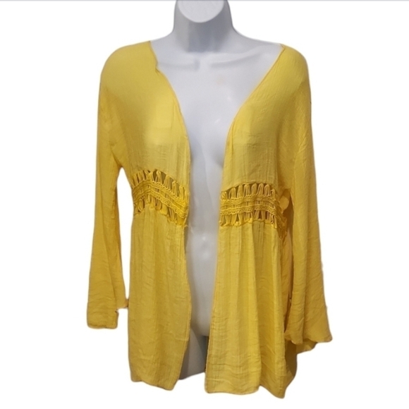 Banana Yellow Open Front Bell Sleeve Linen Lightweight Cardigan Cover Up Top - Picture 1 of 6
